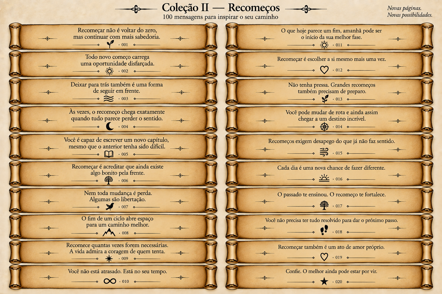 Coleção II — Recomeços, folha 1 de mensagens em pergaminhos