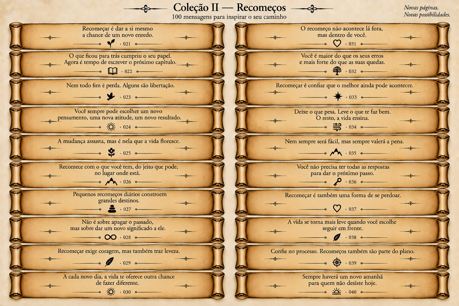 Coleção II — Recomeços, folha 2 de mensagens em pergaminhos